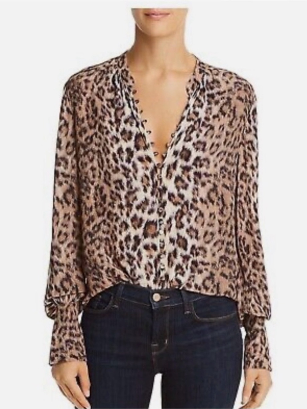 Joie Leopard Print Long-Sleeve V-Neck Blouse - Tan Leopard